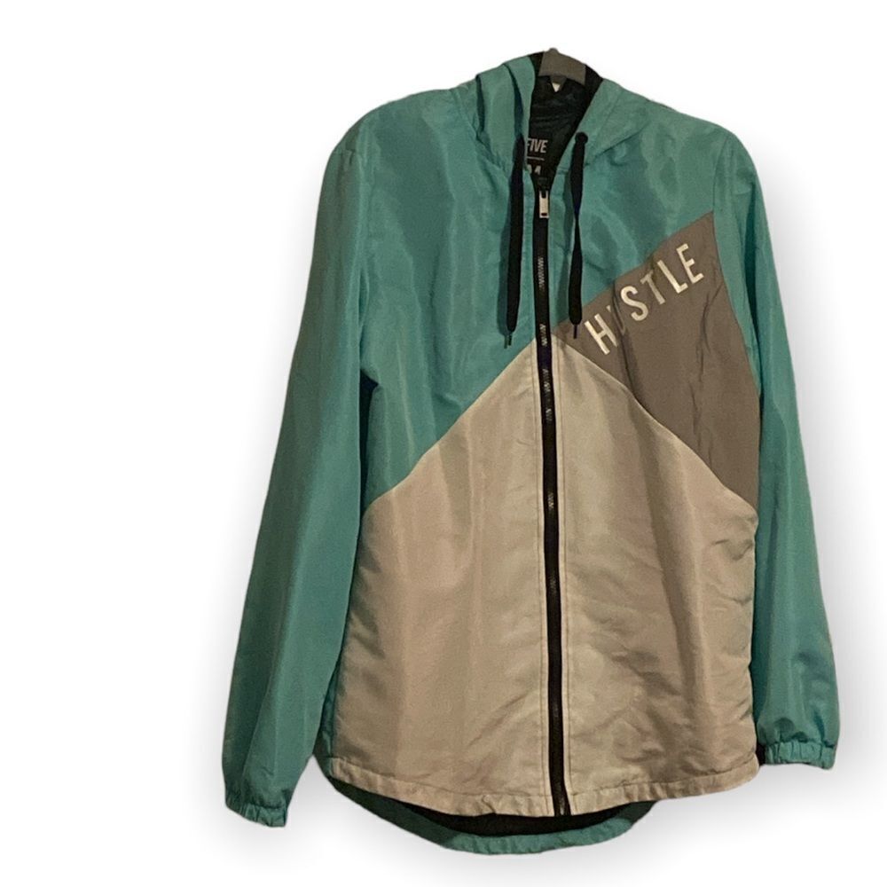 Five. BY. Five masterpiece Mint Green Blue  “HUSTLE” Windbreaker Zip Jac…